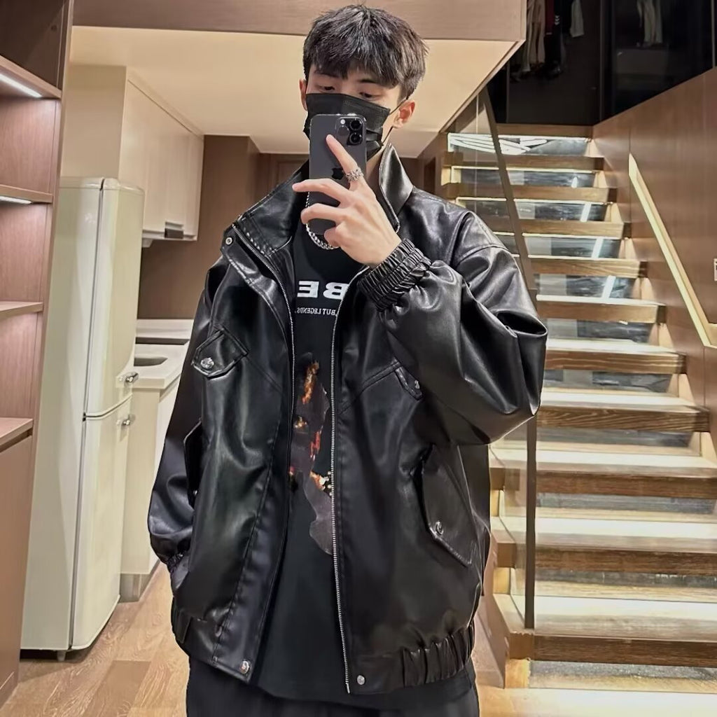 Black High Street Leather Zipper Unisex Biker Workwear Jacket