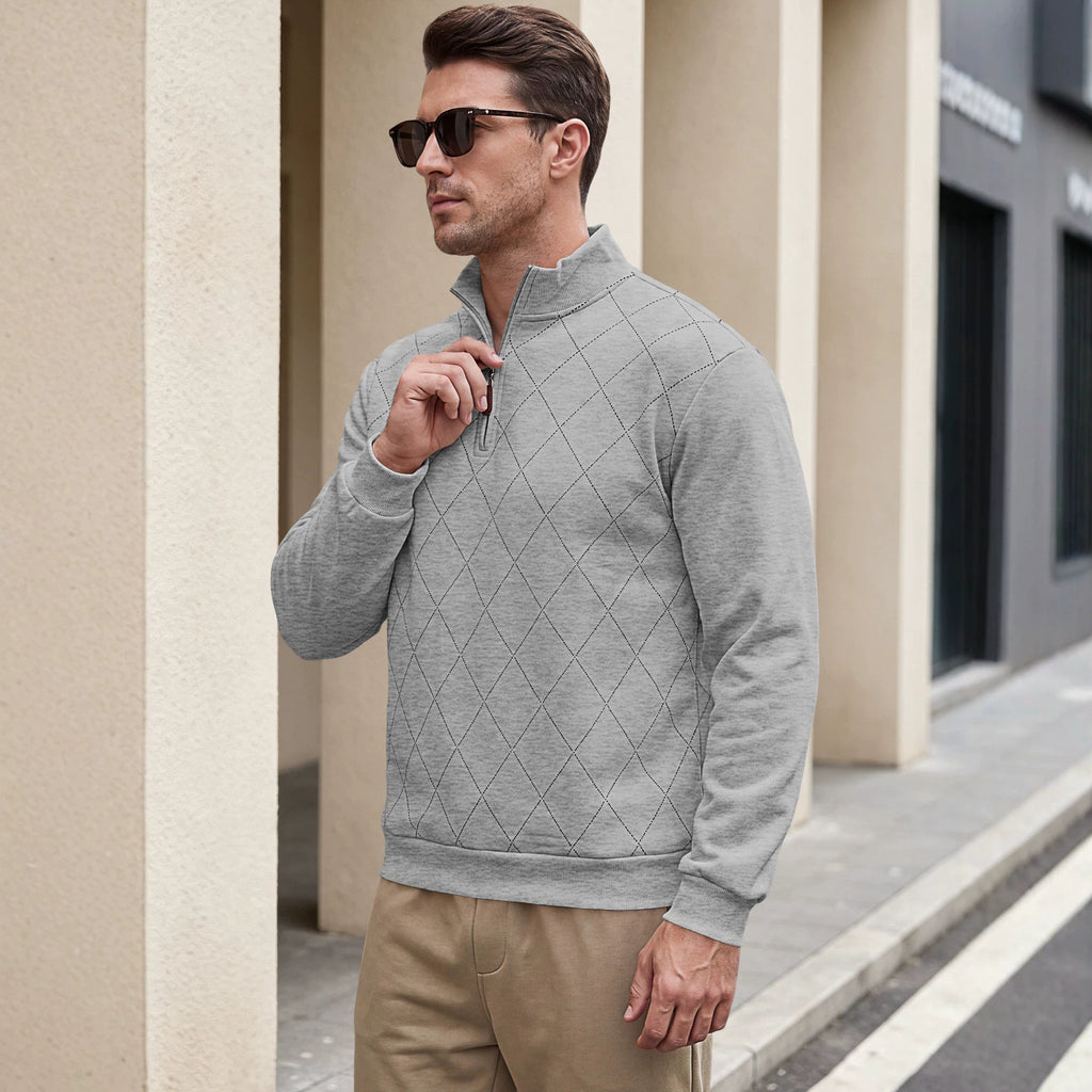 Men's Diamond Pattern Long Sleeve Half Zip Stand Collar Casual Knit Pullover Sweatshirt