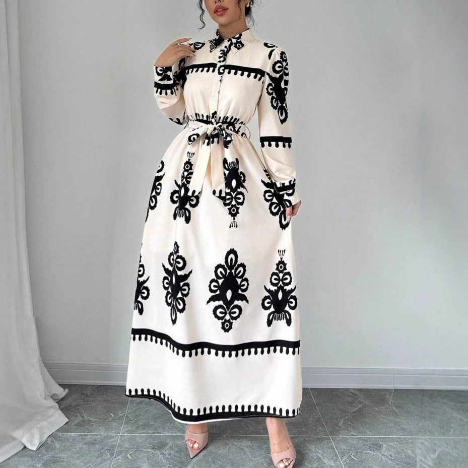 Style Printed Tie-up Long Dress with A-line Silhouette