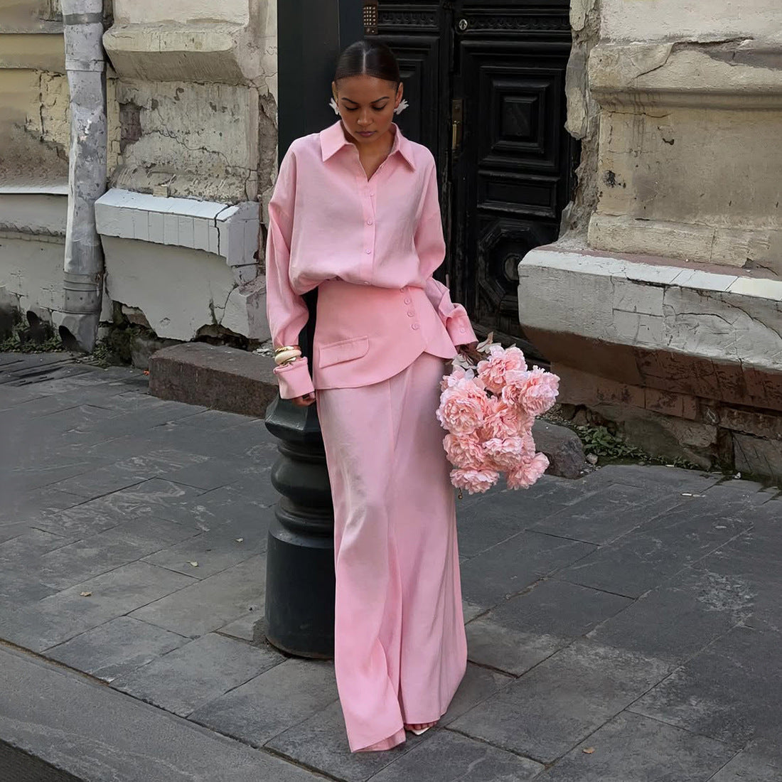 Creative Street Fashion Elegant Solid Color Long Sleeve Shirt Dress Set
