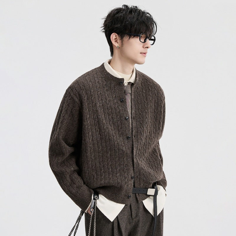 Men's Style Cable Knit Long Sleeve Open Front Round Neck Relaxed Fit Sweater Jacket