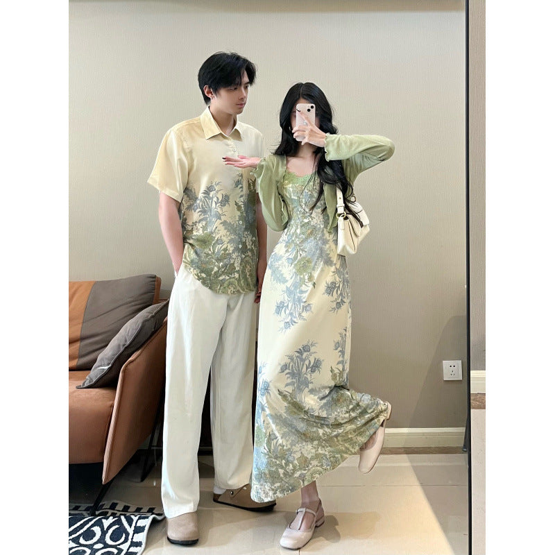 New Chinese style dress for couples in summer, two-piece set for men's shirts, traveling to the beach
