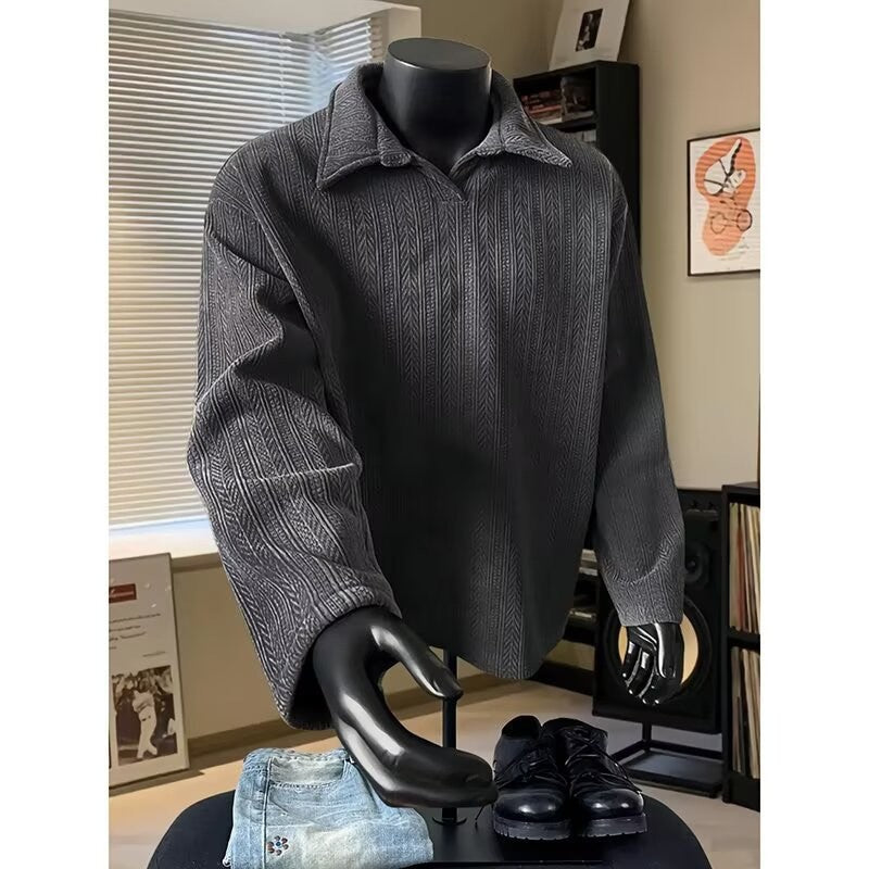 Men's Vintage Clean Fit Wheat Pattern Long Sleeve Polo Collar Sweatshirt