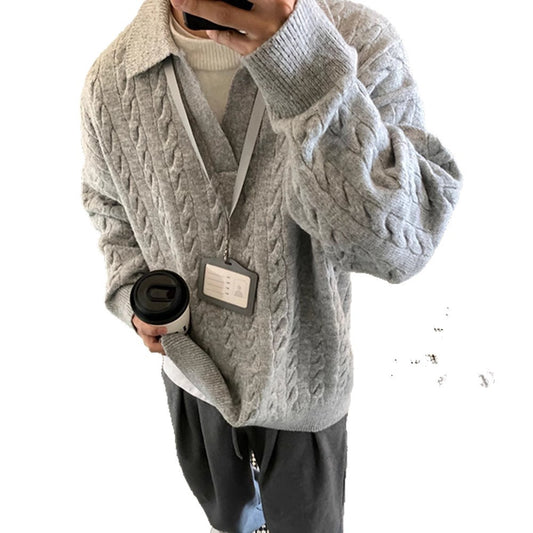 Suéter versátil para hombre de color sólido con diseño de dos piezas simuladas; estilo invernal, elegante y desenfadado.