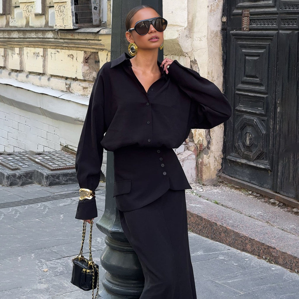 Creative Street Fashion Elegant Solid Color Long Sleeve Shirt Dress Set