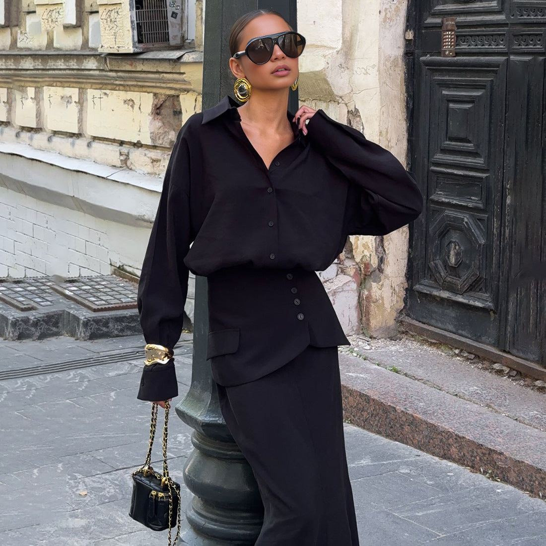 Creative Street Fashion Elegant Solid Color Long Sleeve Shirt Dress Set