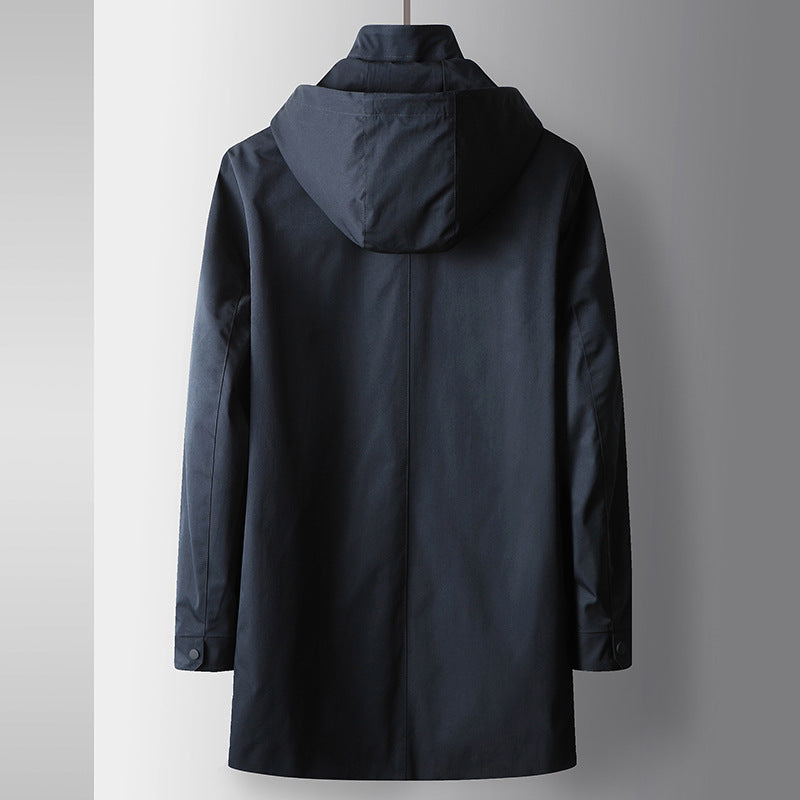 Men's Business Casual Light Luxury Stand Collar Detachable Hood Mid-Length Trench Coat