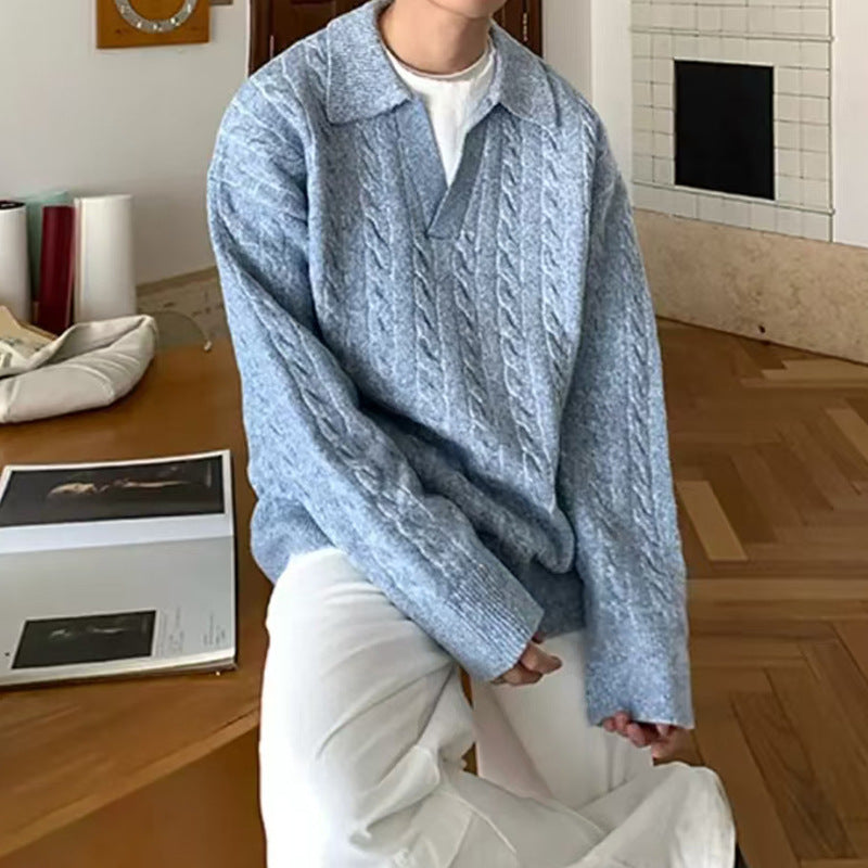 Suéter versátil para hombre de color sólido con diseño de dos piezas simuladas; estilo invernal, elegante y desenfadado.