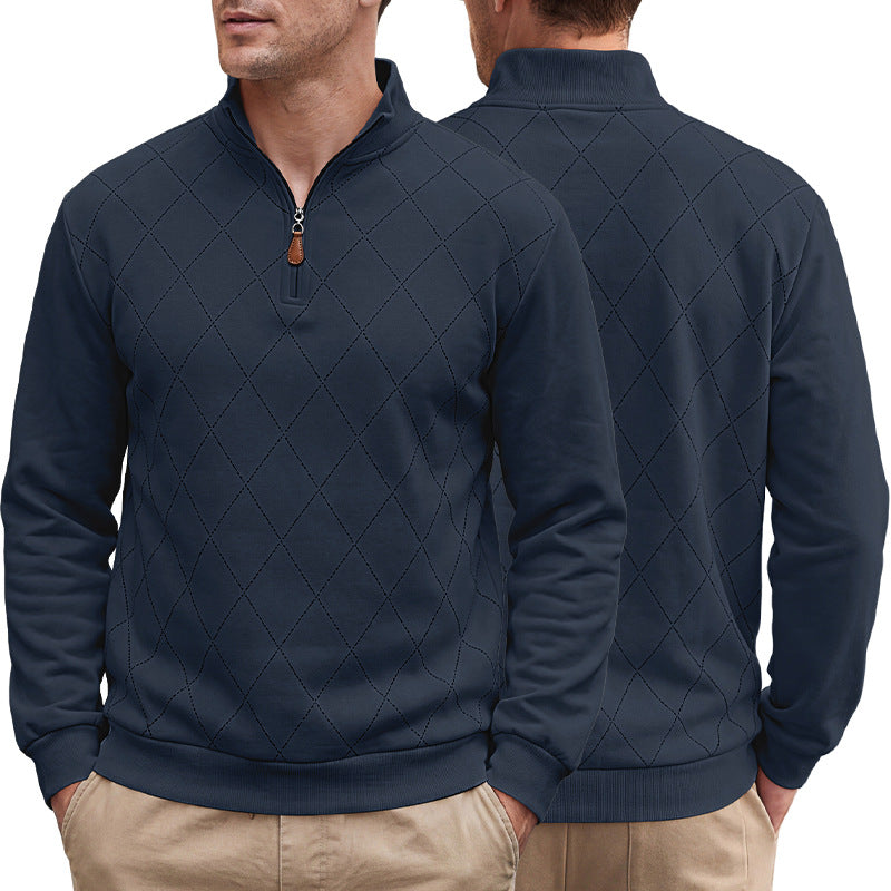 Men's Diamond Pattern Long Sleeve Half Zip Stand Collar Casual Knit Pullover Sweatshirt