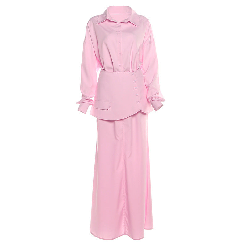 Creative Street Fashion Elegant Solid Color Long Sleeve Shirt Dress Set