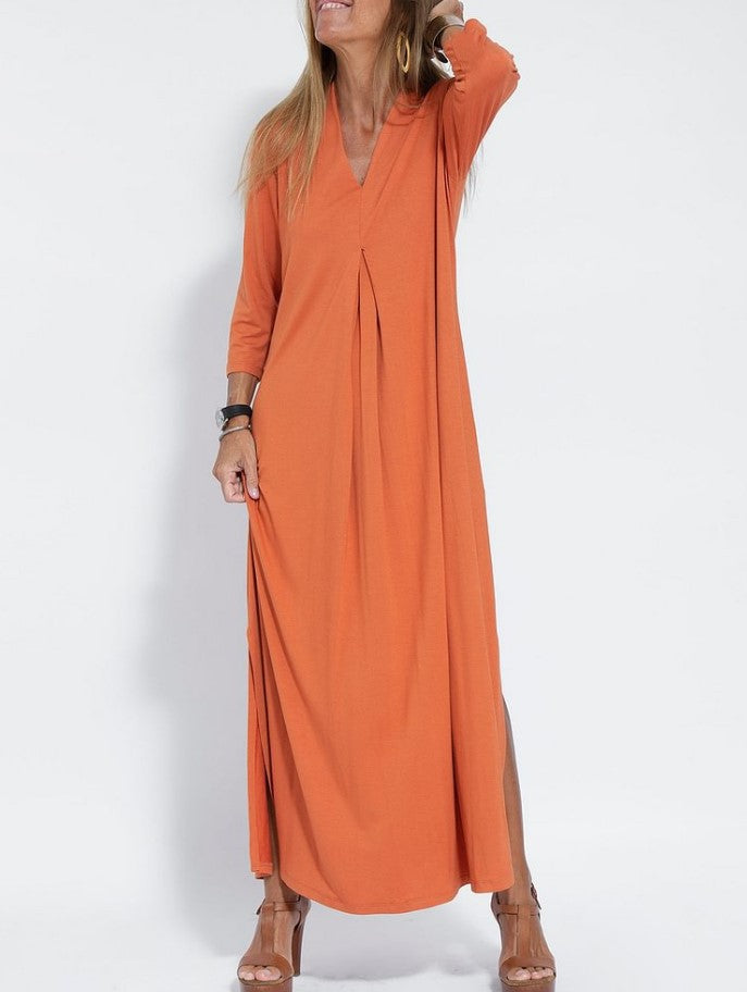 Fashionable Style Solid Color V-Neck Three-Quarter Sleeve Knit Long Split Dress