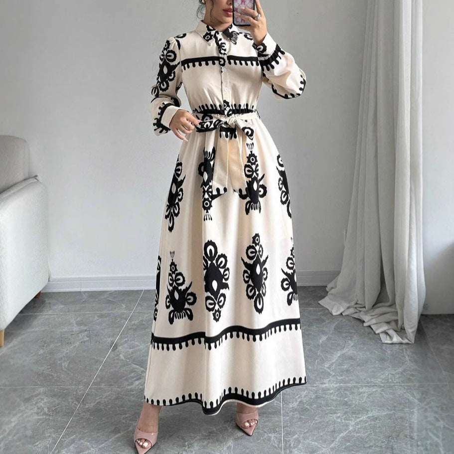 Style Printed Tie-up Long Dress with A-line Silhouette