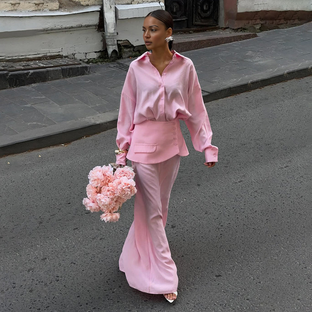 Creative Street Fashion Elegant Solid Color Long Sleeve Shirt Dress Set