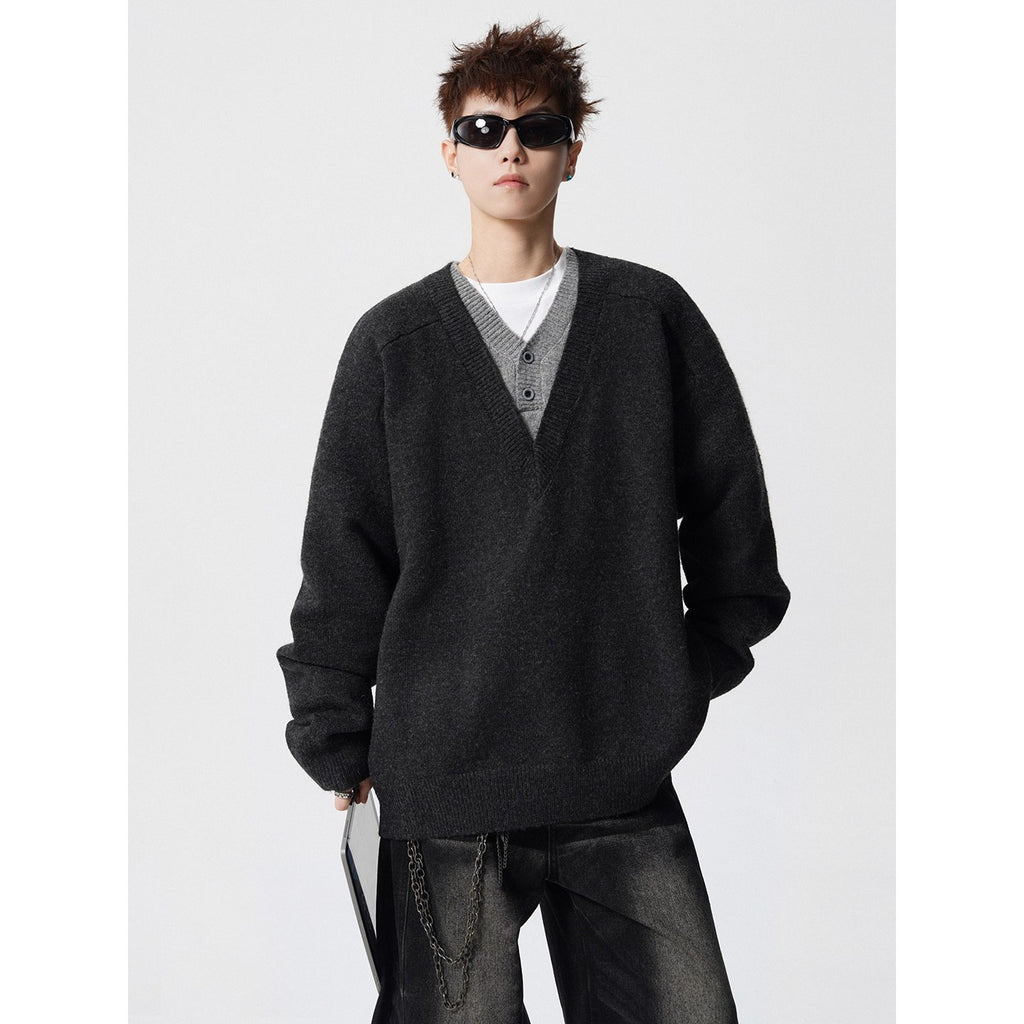 Men's Retro Relaxed Long Sleeve V-Neck Knitted Pullover Sweater