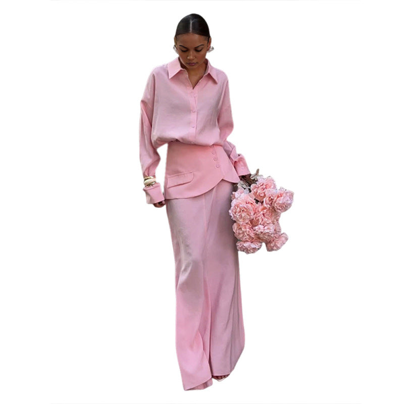 Creative Street Fashion Elegant Solid Color Long Sleeve Shirt Dress Set