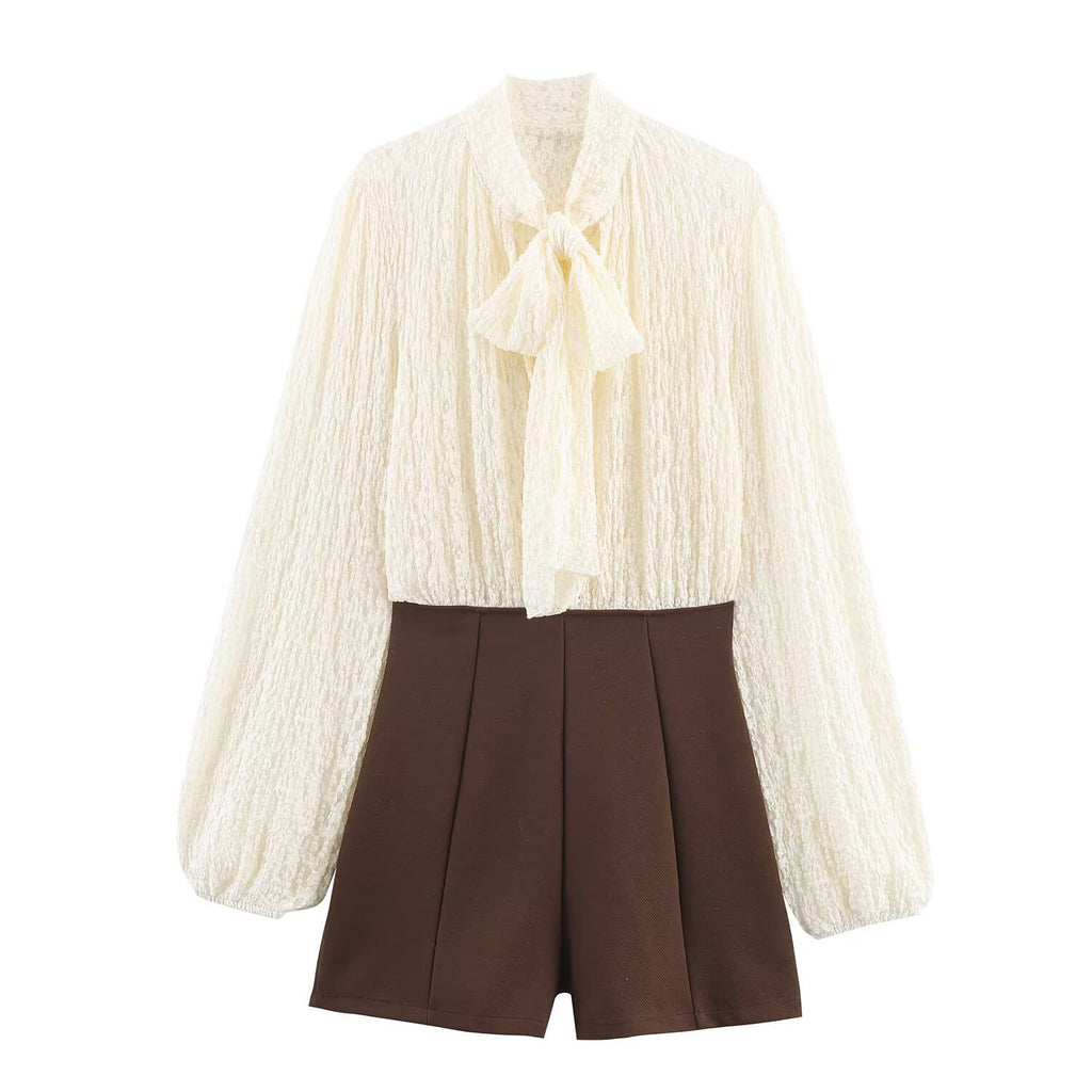 Splicing bow decoration short jumpsuit
