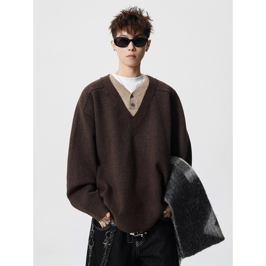 Men's Retro Relaxed Long Sleeve V-Neck Knitted Pullover Sweater