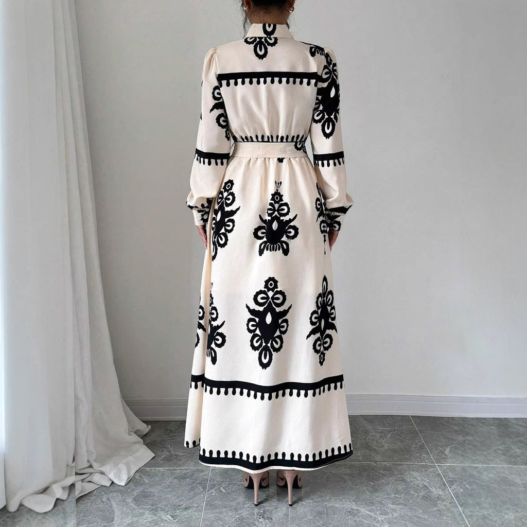 Style Printed Tie-up Long Dress with A-line Silhouette