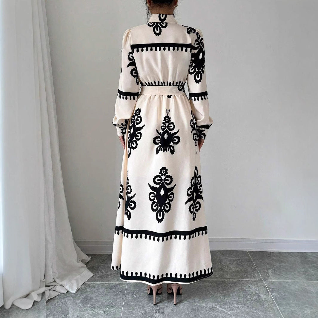 Style Printed Tie-up Long Dress with A-line Silhouette