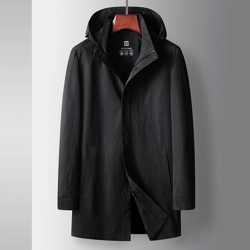 Men's Business Casual Light Luxury Stand Collar Detachable Hood Mid-Length Trench Coat
