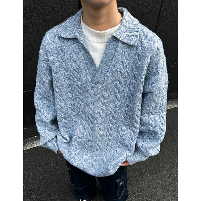 Suéter versátil para hombre de color sólido con diseño de dos piezas simuladas; estilo invernal, elegante y desenfadado.