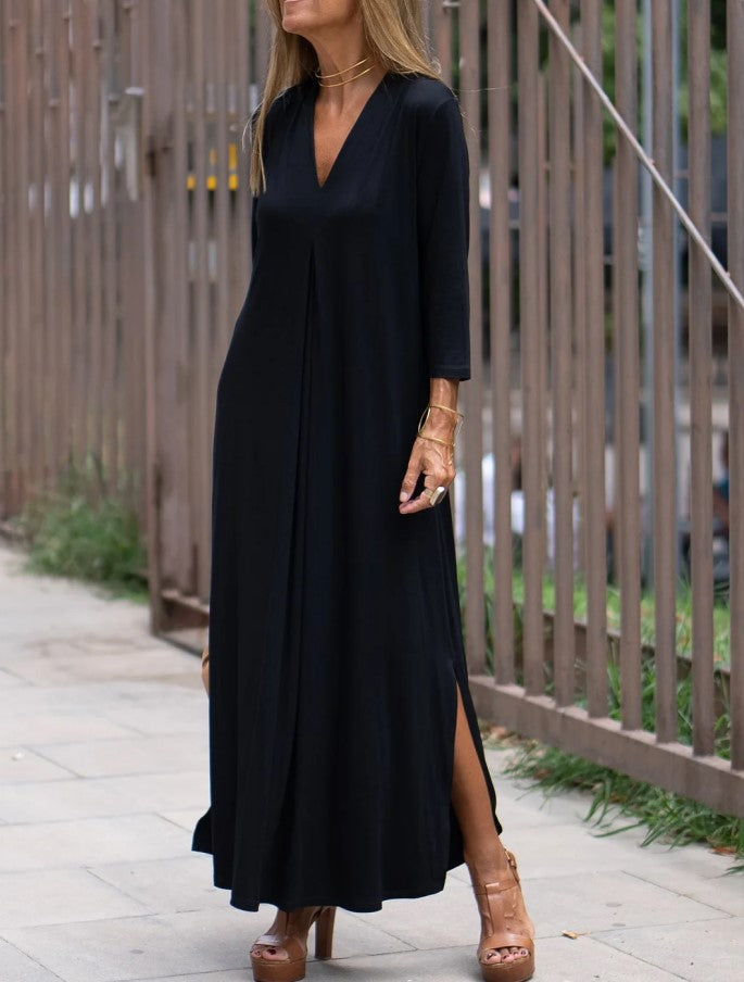 Fashionable Style Solid Color V-Neck Three-Quarter Sleeve Knit Long Split Dress