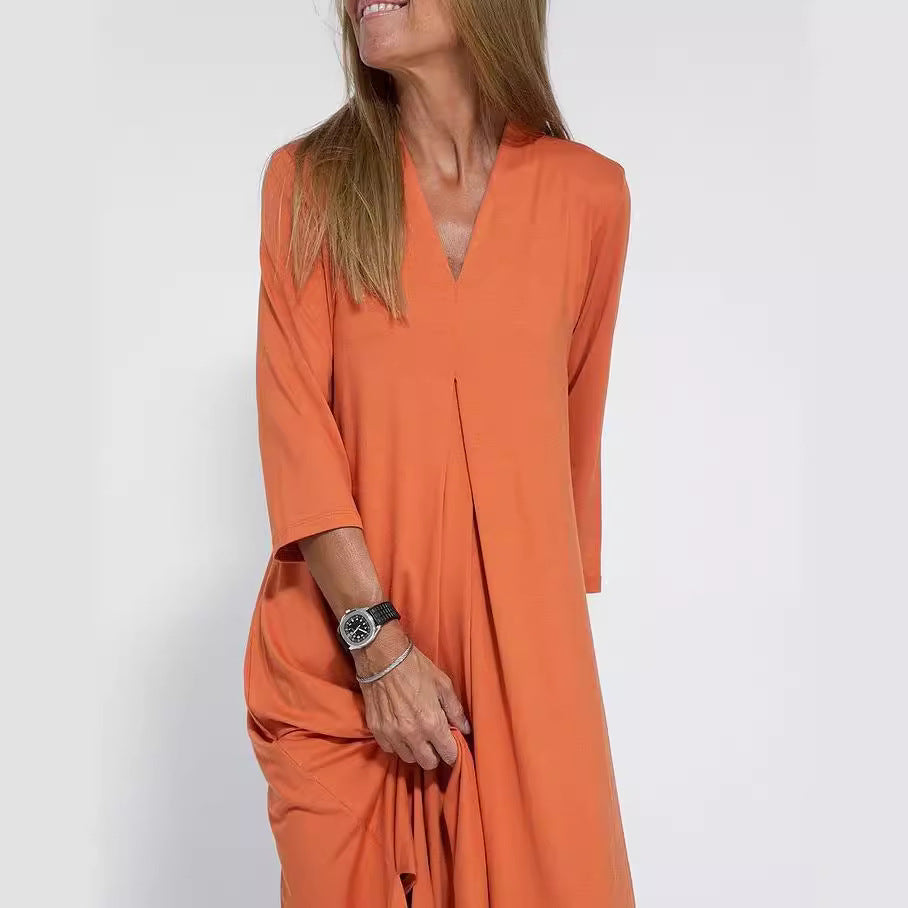 Fashionable Style Solid Color V-Neck Three-Quarter Sleeve Knit Long Split Dress