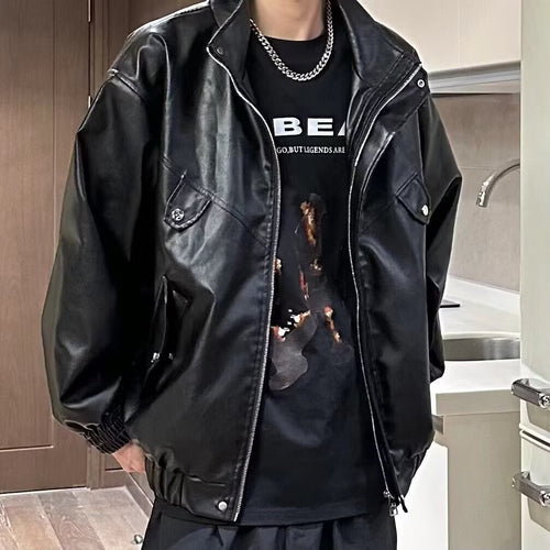 Black High Street Leather Zipper Unisex Biker Workwear Jacket
