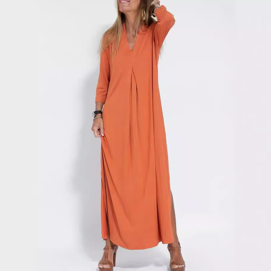 Fashionable Style Solid Color V-Neck Three-Quarter Sleeve Knit Long Split Dress