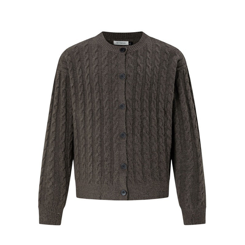 Men's Style Cable Knit Long Sleeve Open Front Round Neck Relaxed Fit Sweater Jacket