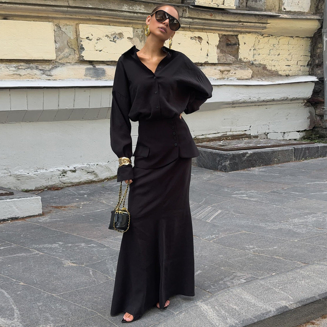 Creative Street Fashion Elegant Solid Color Long Sleeve Shirt Dress Set