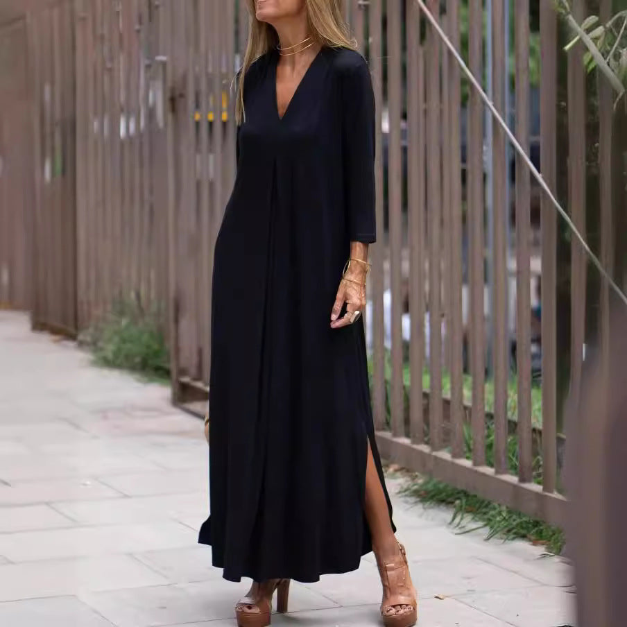 Fashionable Style Solid Color V-Neck Three-Quarter Sleeve Knit Long Split Dress