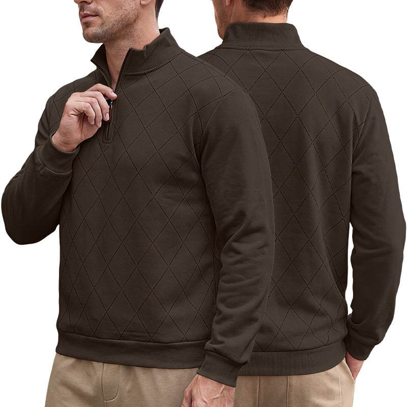 Men's Diamond Pattern Long Sleeve Half Zip Stand Collar Casual Knit Pullover Sweatshirt