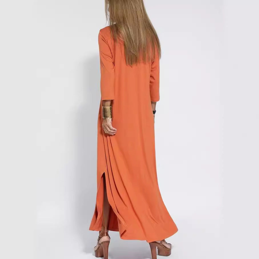 Fashionable Style Solid Color V-Neck Three-Quarter Sleeve Knit Long Split Dress