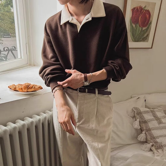 Vintage Color Block Long Sleeve Polo Collar Sweatshirt for Men