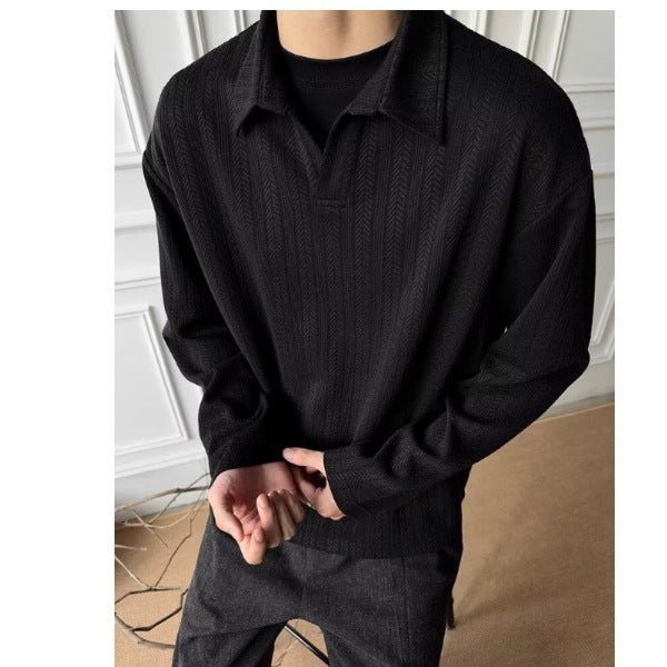 Men's Vintage Clean Fit Wheat Pattern Long Sleeve Polo Collar Sweatshirt