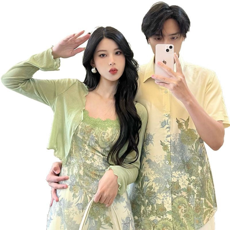 New Chinese style dress for couples in summer, two-piece set for men's shirts, traveling to the beach