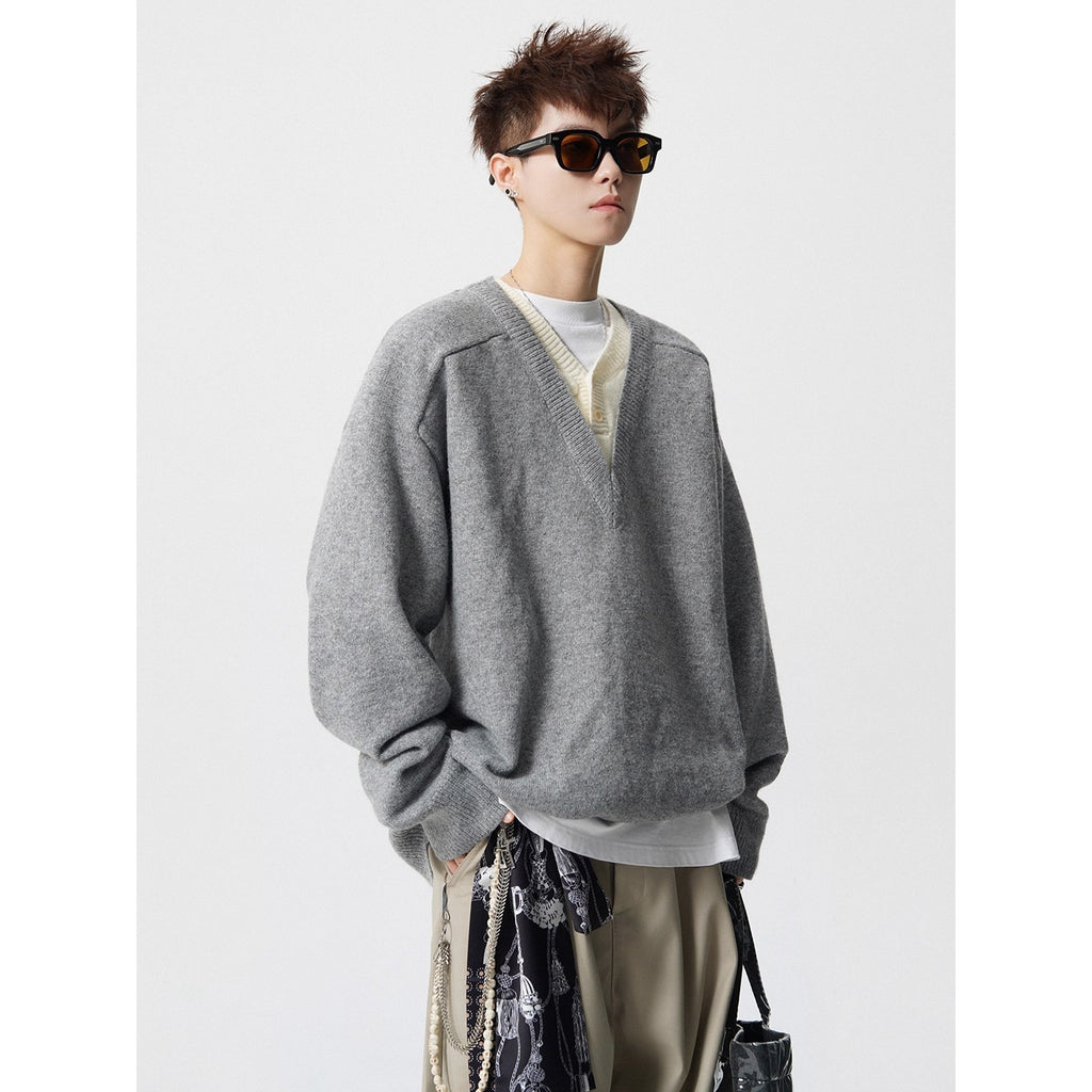 Men's Retro Relaxed Long Sleeve V-Neck Knitted Pullover Sweater