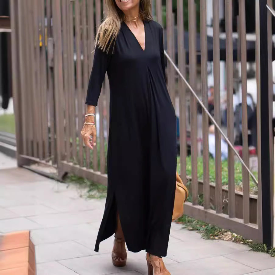 Fashionable Style Solid Color V-Neck Three-Quarter Sleeve Knit Long Split Dress