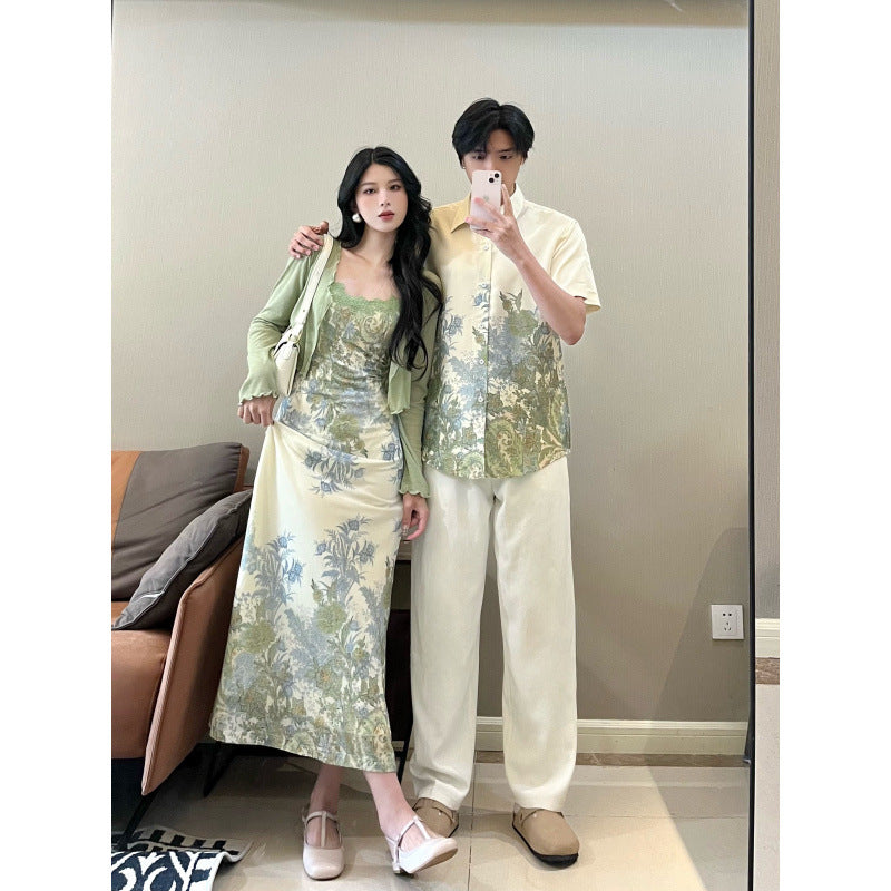 New Chinese style dress for couples in summer, two-piece set for men's shirts, traveling to the beach