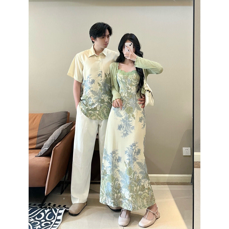 New Chinese style dress for couples in summer, two-piece set for men's shirts, traveling to the beach