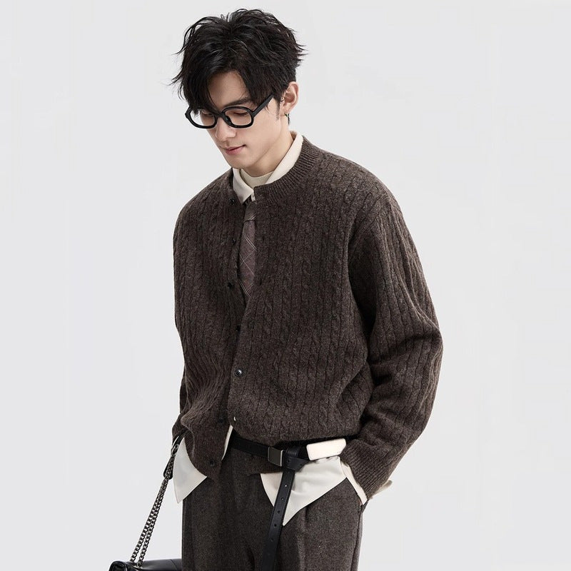 Men's Style Cable Knit Long Sleeve Open Front Round Neck Relaxed Fit Sweater Jacket