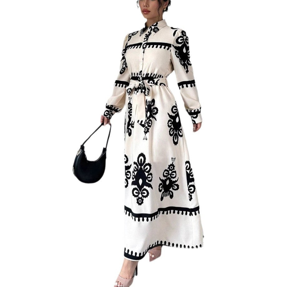 Style Printed Tie-up Long Dress with A-line Silhouette