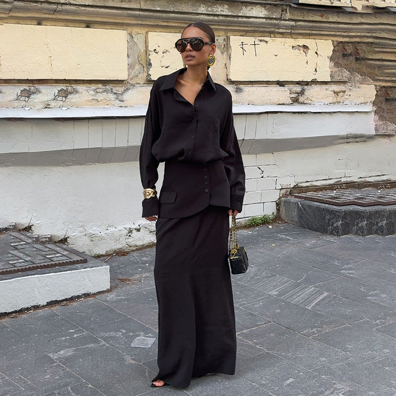 Creative Street Fashion Elegant Solid Color Long Sleeve Shirt Dress Set