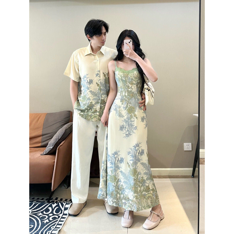 New Chinese style dress for couples in summer, two-piece set for men's shirts, traveling to the beach