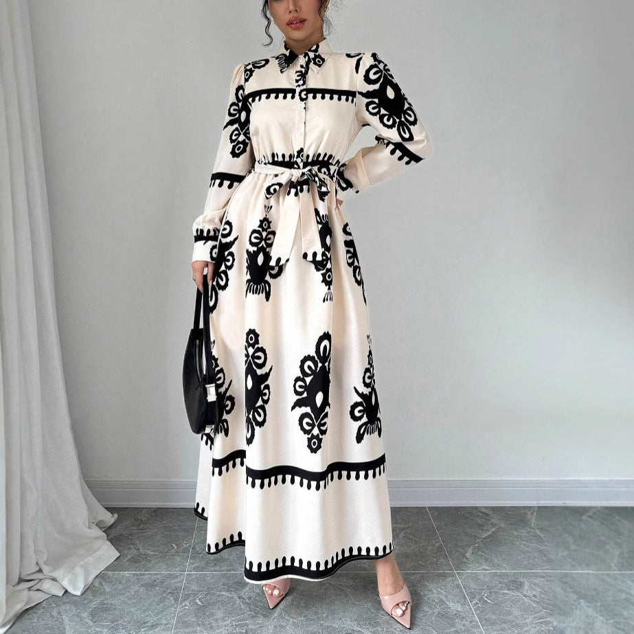 Style Printed Tie-up Long Dress with A-line Silhouette