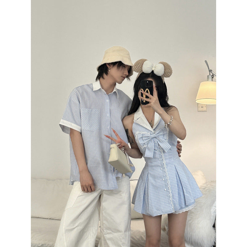 Chic Blue Checkered Butterfly Lace Dress for Couples Summer Style