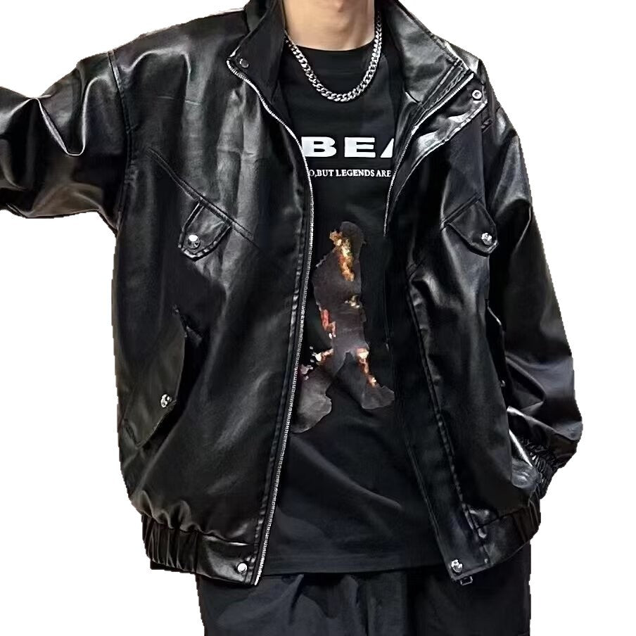 Black High Street Leather Zipper Unisex Biker Workwear Jacket