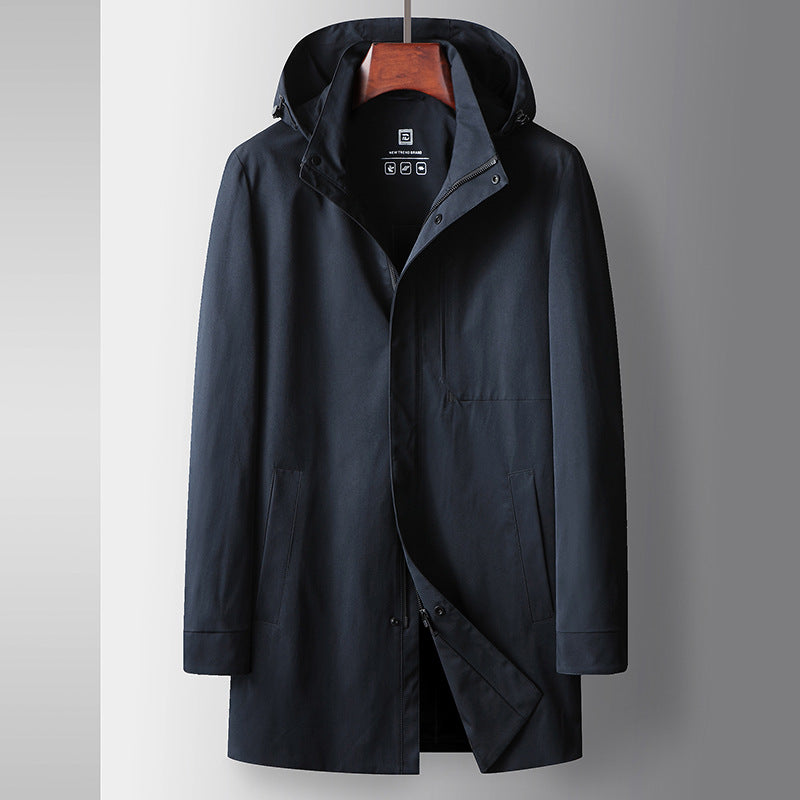 Men's Business Casual Light Luxury Stand Collar Detachable Hood Mid-Length Trench Coat