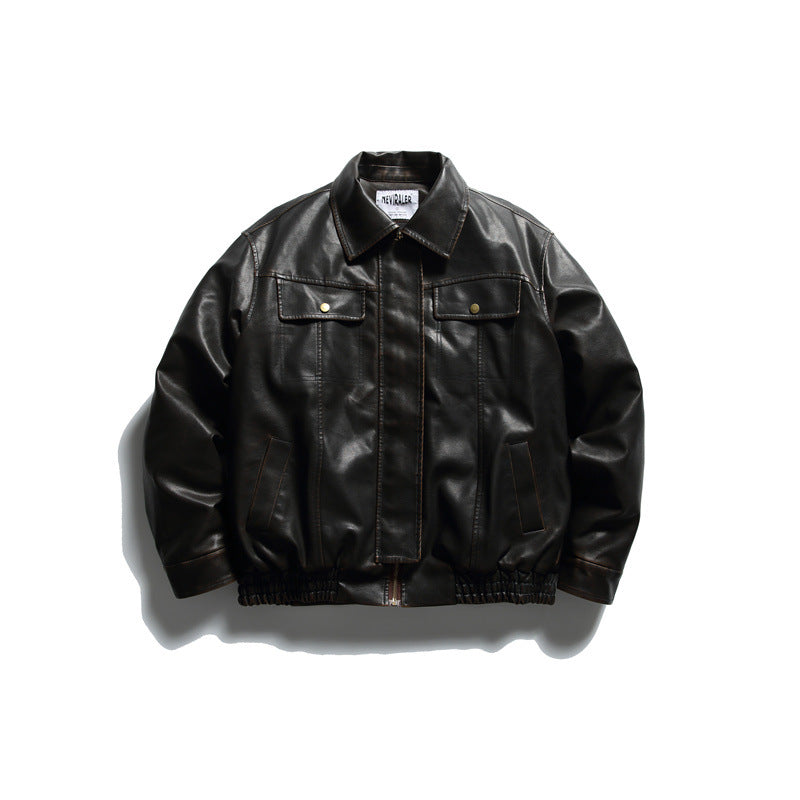 Washed PU Leather Cotton Coat for Men, Casual Warm Winter Jacket